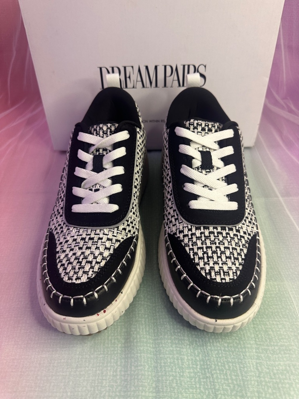 Dream Pairs Black & White Woven Lace-Up Platform Sneakers